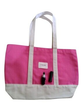 Lancome Pink/White Canvas TOTE With Nude Lipstick And GENIFIQUE ULTIMATE